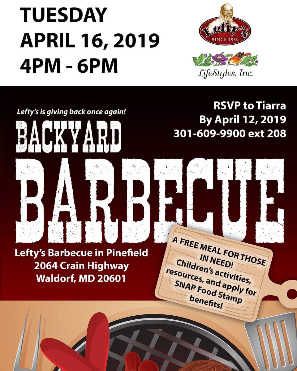 LifeStylesofMd's tweet photo. A free meal for those in need. Children's activities, resources, and apply for SNAP food stamp benefits. 

If you or someone you know is in need of a good meal, please share this information!

Thank you Lefty's Barbecue! https://t.co/e0Q556gtG2