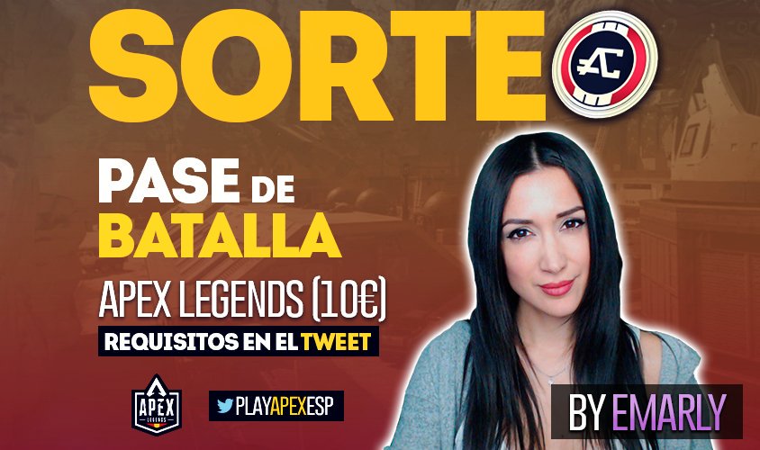 PlayApexESP's tweet photo. 🎁 SORTEO PASE DE BATALLA (1000 Apex coins) 🎁

🚨 Requisitos:
🔷 RT a este tweet
🔷 Seguir a @PlayApexESP + @emarlyworld 

🔴 Damos ganador el 22/03 a las 23:00 hora española en https://t.co/NSrbx7hB0F y posteriormente aquí.
#ApexLegends https://t.co/uSPHSHCGoB