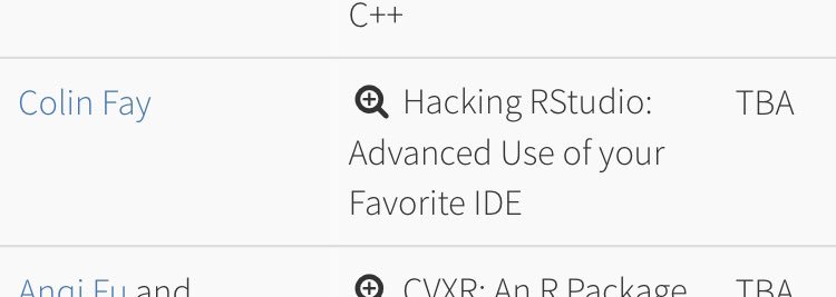 Hey <a href="/UseR2019_Conf/">useR! 2019</a> attendees (and others)!
I'll be giving a workshop about being more productive with the <a href="/rstudio/">RStudio</a> IDE and I'm planning on talking about writing addins, templating, using the {rstudioapi} 📦, and managing connections.
What other topics would you like me to cover?