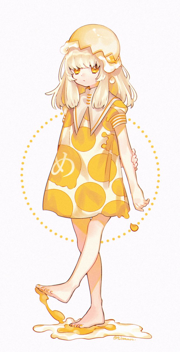 1girl solo barefoot dress yellow eyes white background short sleeves  illustration images