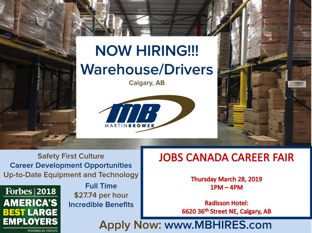 Come join <a href="/MBHires/">Martin Brower</a> at our upcoming #Careerfair session on March 28 in Calgary! We'd be pleased to meet you! #MBHires #careerfair #HiringNow #NowHiring #driverjobs #classadriver #warehousejobs #warehouseassociates #Canada #jobscanada #JobFair #gearupforchange