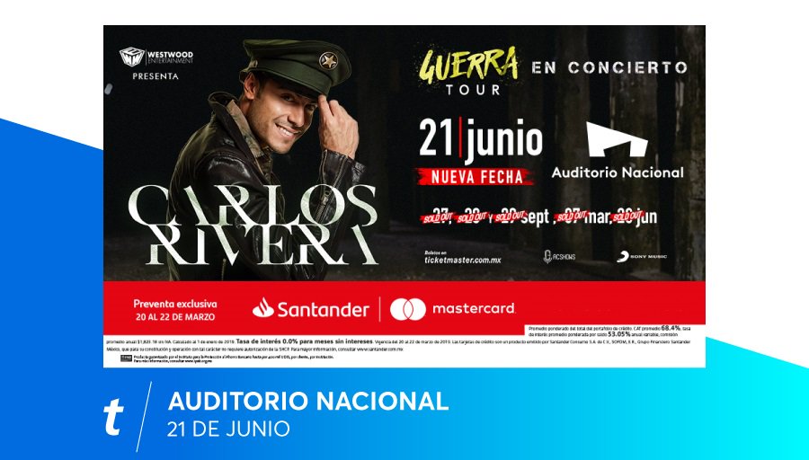 Ticketmaster_Me's tweet photo. Después de agotar 10 veces el @auditoriomx, regresa @_CarlosRivera con una nueva fecha y hoy comenzó la #SuperVenta @SantanderMx. 

Aprovecha y compra aquí tus boletos para verlo este 21 de junio 👇 
https://t.co/CkYnaB9Jyi https://t.co/M259NQJJav
