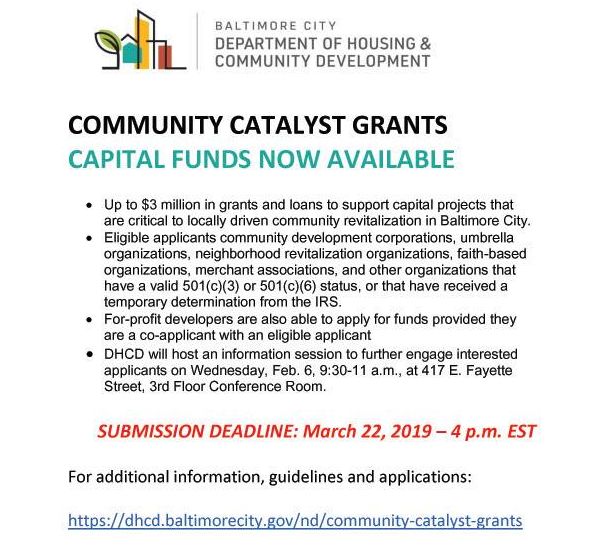 Baltimore City Hall (@baltcityhall) on Twitter photo In 2018, Mayor Pugh and <a href="/bmoredhcd/">Baltimore DHCD</a> announced the Community Catalyst Grants Program, to support locally driven community development work. DHCD is currently accepting applications for capital grants. Deadline is Friday! Learn more: bit.ly/2FjVrLs #neighborhoodinvestment In 2018, Mayor Pugh and <a href="/bmoredhcd/">Baltimore DHCD</a> announced the Community Catalyst Grants Program, to support locally driven community development work. DHCD is currently accepting applications for capital grants. Deadline is Friday! Learn more: bit.ly/2FjVrLs #neighborhoodinvestment
