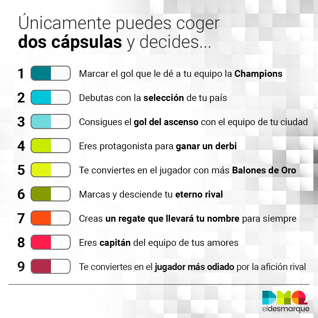 eldesmarque's tweet photo. 👤😜 Imagina que eres futbolista y tienes estas opciones... pero sólo puedes elegir dos. ¿Cuáles escogerías? ¡Responde con el número de las cápsulas y menciona a dos amigos para que sigan el juego! https://t.co/3Zzdp5TcJy