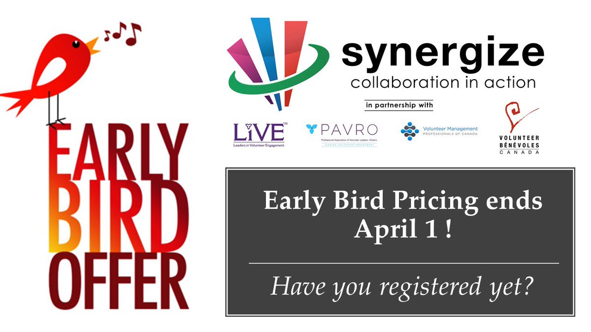 It’s time to register for this year’s national conference! Register for #SynergizeOttawa2019  before April 1 to take advantage of Early Bird rates! The premier professional development event for volunteer mgmt professionals in Canada. lnkd.in/dCf2XXs  #PAVROLiVE2019