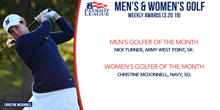 PatriotLeague's tweet photo. #PLgolf⛳️ Men's and Women's Golfer of the Week Announced (3.20.19)
Men's Golfer: @ArmyWP_Golf Nick Turner
Women's Golfer: @NavyAthletics Christine McDonnell
Read More: https://t.co/Gqohy1LiIU https://t.co/pAJ1aIUkic