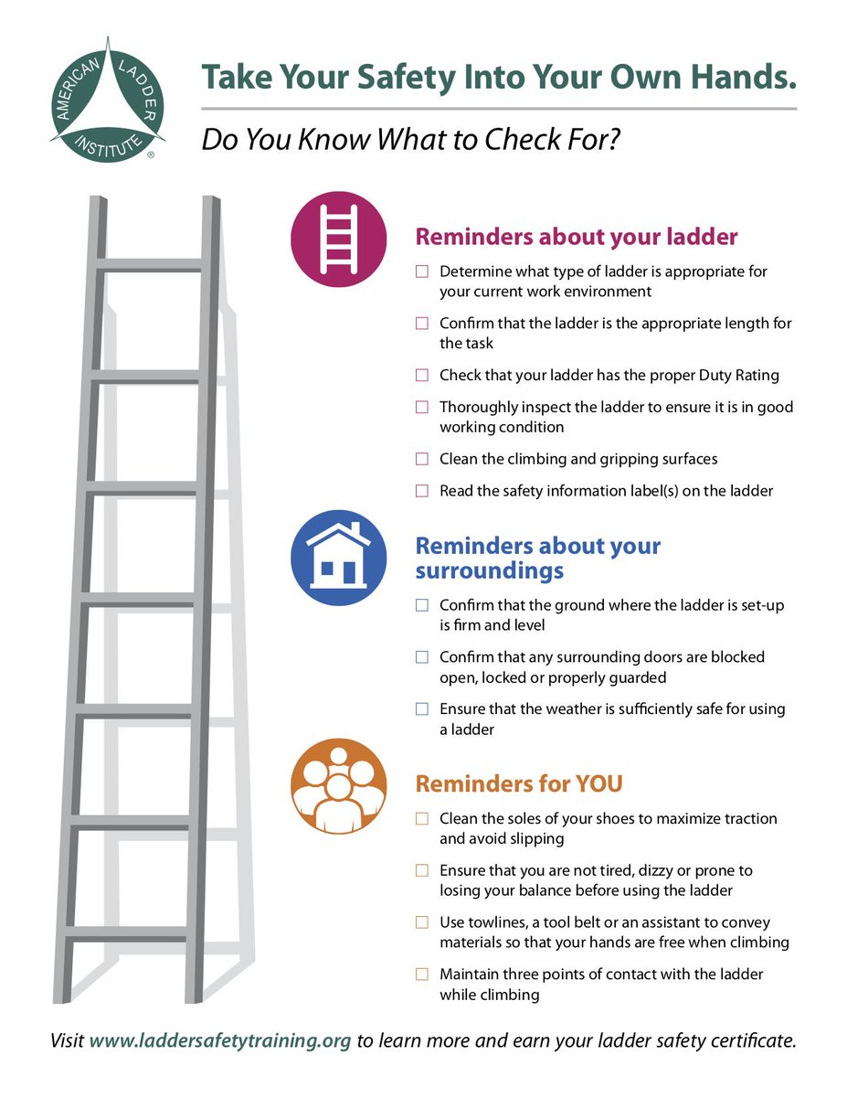 LvilleLadder's tweet photo. Share this important checklist from @American_Ladder.
There is much to consider for ladder safety at work and at home. 
#LadderSafetyMonth https://t.co/5zGUgAt5Ow