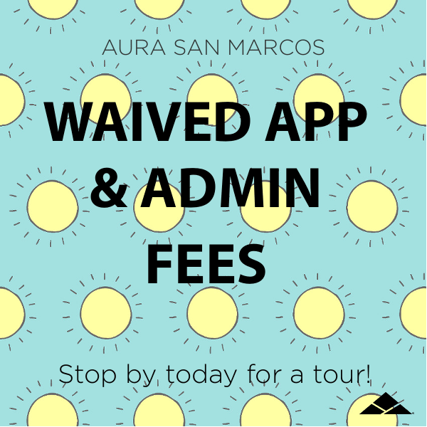 ArbaSanMarcos's tweet photo. SAVE $150 by not paying for app and admin fees! Stop by for a tour and sign a lease today! 
#TXST #SanMarcosApartments #AuraSanMarcos #AffordableLuxury https://t.co/s0zDj8Vstf