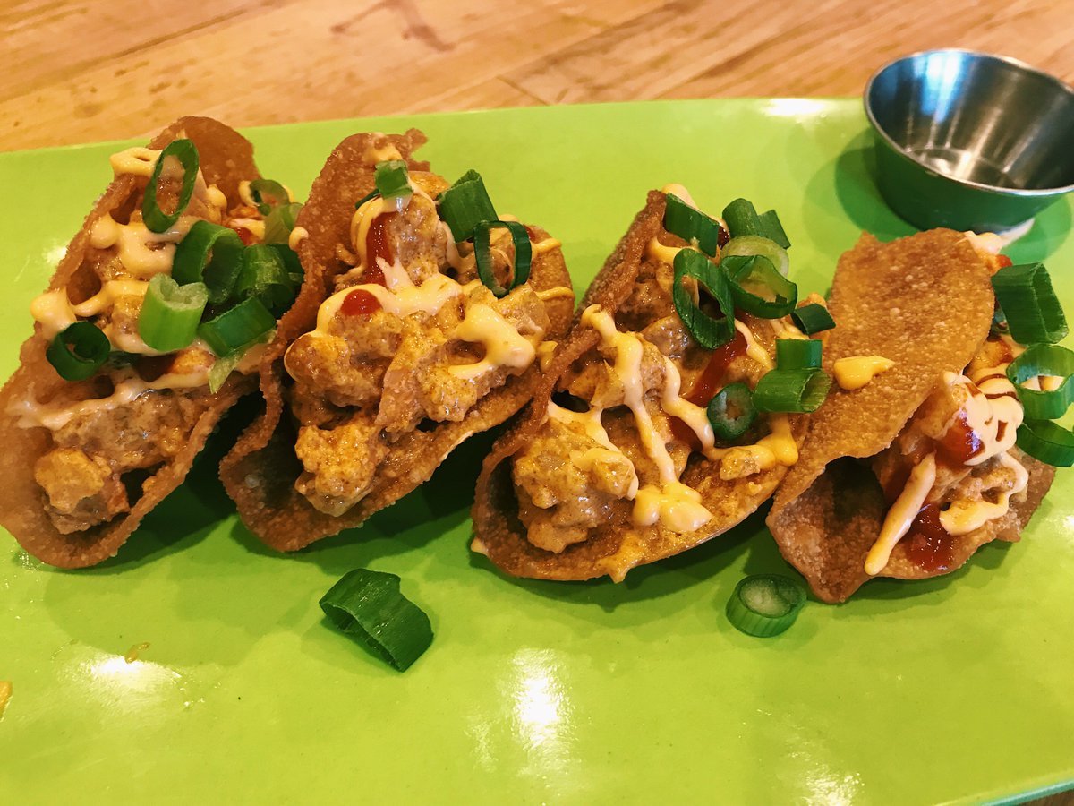 TrainWreckBar's tweet photo. 🌋 Volcano Taquitos! Four fried wanton wrappers filled w/ volcano mix. Topped w/ green onions, spicy mayo &amp; Sriracha.

And last chance to enjoy our 🦀 Dungeness Roll until October, come and get it today! 
#trainwreckbarandgrill #sushiwednesday https://t.co/5GSuzEKrdV