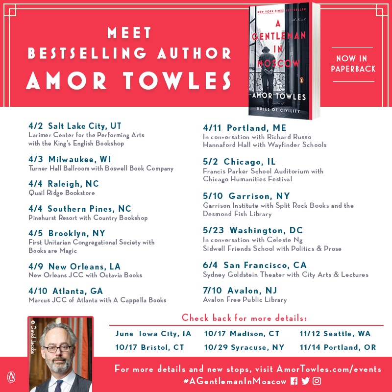 amortowles's tweet photo. The paperback of A GENTLEMAN IN MOSCOW will be out March 26, and I'll be hitting the road - hopefully, coming to a town near year you. Details for the individual events are in this thread and at https://t.co/JZNXJBkr9H. PS: I will be traveling incognito (without the beard). https://t.co/8mSk4YIbDY