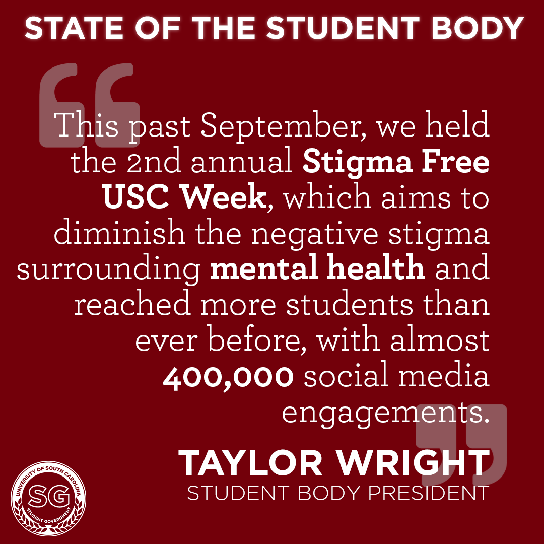 UofSCSG's tweet photo. The 2nd annual #StigmaFreeUSC Week, organized by Student Government, was a success in September! Students across campus took part in events and activities that worked to break the stigma surrounding mental health. #UofSCSOTSB https://t.co/iH9N6SVI2O