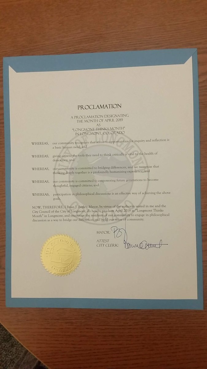 ghphilosophy's tweet photo. Thank you to City Council Member Marcia Martin, Mayor Brian Bagley, and all of the Longmont City Council for proclaiming April #LongmontThinks Month. Thinking together makes our community better! #P4C #philosophyforeveryone #toboldlythink https://t.co/1EPCssuGlT