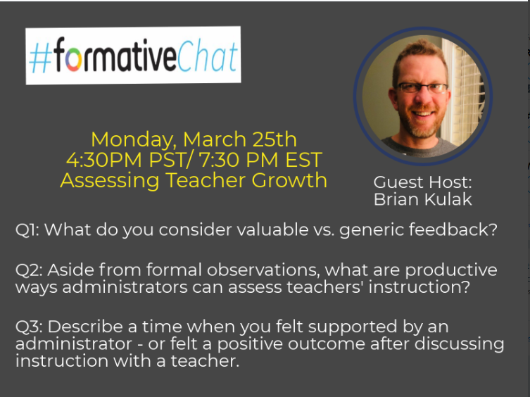 Yooooo, edu-peeps! Join me Monday night at 730 EST for #formativechat. I'll welcome two amazing T leaders, @floyd4edu and @OlsenFirst, as co-moderators as we flip the script on assessment: how can assessment facilitate teacher growth? 

#levelupleadbook #4OCF #admin2b