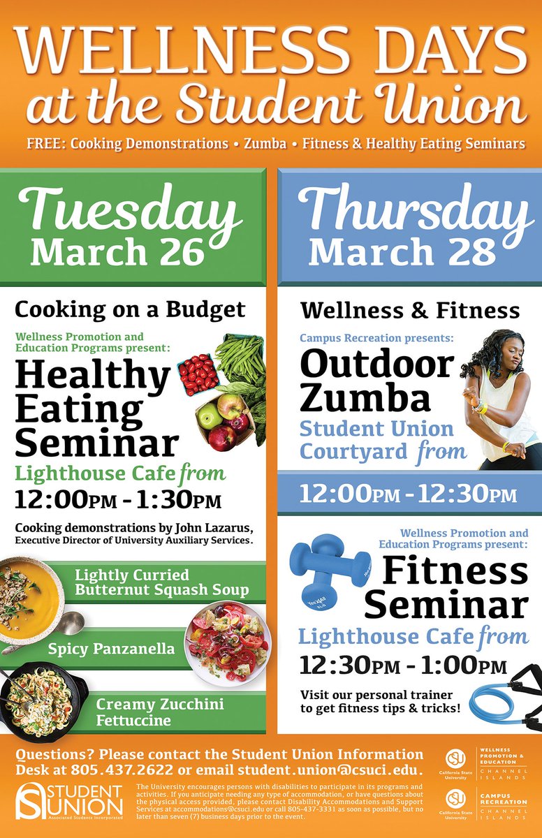csuci_ekho's tweet photo. Come and get healthy with us, for free! Fitness classes, seminars and cooking demonstrations will be provided by the Student Union the week after Spring Break! https://t.co/WsavnNT3ek