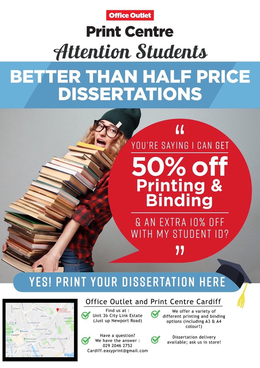 OfficeOCardiff's tweet photo. Students!
Guess what? We have some killer deals for your dissertation projects. Stop by Office Outlet on Newport road to see how you can save on printing and binding #OfficeOutlet #CardiffHour @Cardiff_Hour https://t.co/JVf6VZu6cF