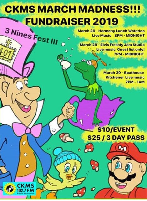RadioWaterloo's tweet photo. Next Thursday!!! We kick off “March Madness!” Come join us and help support community radio of Waterloo Region! March 28-30th!!!
#radiowaterloo #ckms #marchmadness #musicfestival #3nights #livemusic #livebands #djsets #kitchener #waterloo #kwboathouse #elvisfreshly #harmonylunch https://t.co/vuLev9X0O2