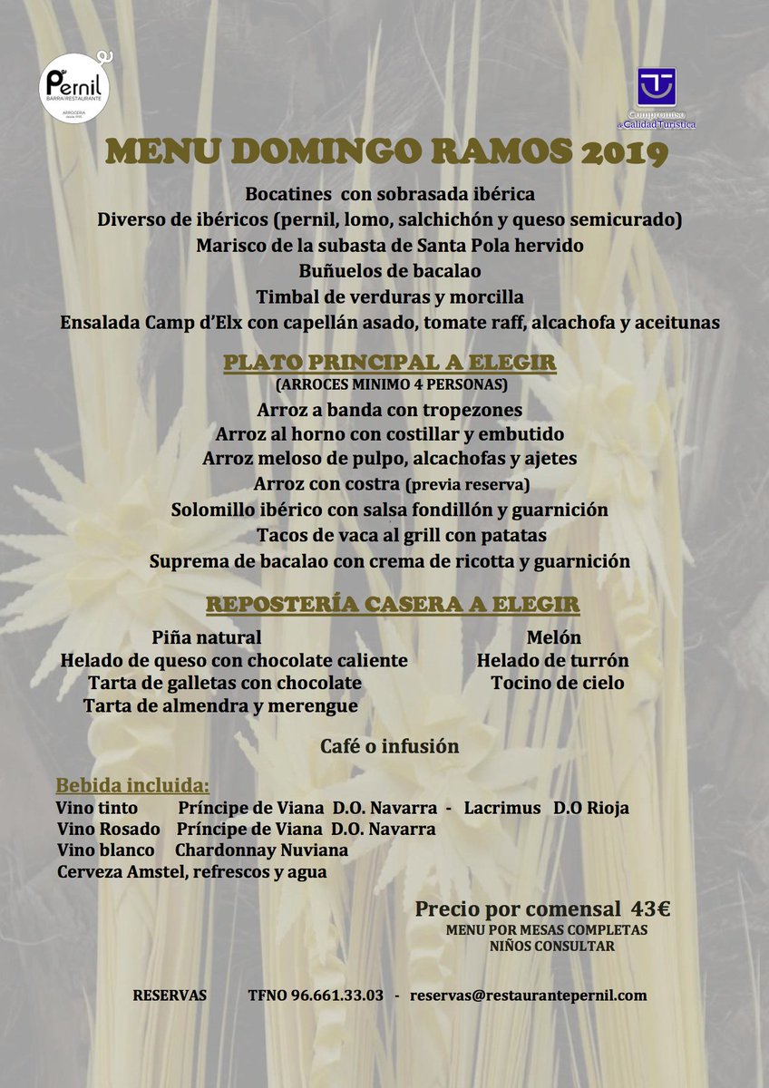pernilelche's tweet photo. Si te ha gustado nuestra propuesta para El Día del Padre y San José, estamos decididos a sorprenderte con nuestra elección para el Domingo de Ramos.
🌾 Ya puedes hacer tu reserva en el 966 61 33 03 y en reservas@restaurantepernil.com 🌾@SaboreaElche @visitelche #elche https://t.co/JhqHuEiVXH