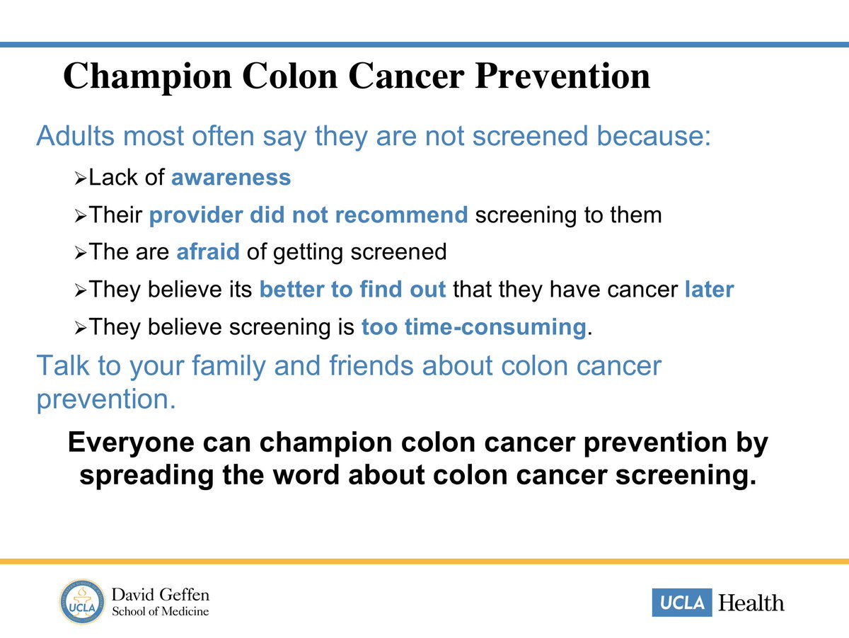 drfolamay's tweet photo. Way too often individuals find some reason to justify not being screened for Colon Cancer. Don't fall victim to one of these excuses! #GetScreened #ColonCancer #Screening #ColonCancerAwarenessMonth @UCLAHealth @UCLAJCCC @AmCollegeGastro @AmerGastroAssn https://t.co/Jox6MzzYHz