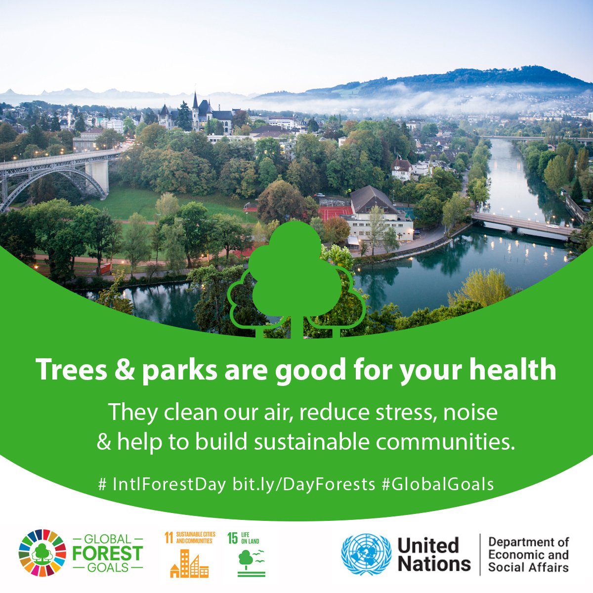 UN's tweet photo. Trees &amp; parks clean the air we breathe, reduce stress, noise &amp; support sustainable communities.

On Thursday's #IntlForestDay, celebrate all that forests mean to our natural world &amp; well being. https://t.co/YEWnb4Cwlq #GlobalGoals https://t.co/SzSwl3o23G