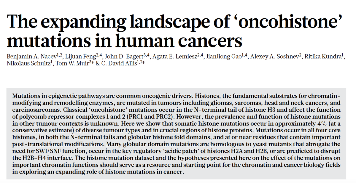 EricTopol's tweet photo. We haven't appreciated how important and extensive histone mutations are in #cancer; this @Nature paper frames our current knowledge
https://t.co/XWMBom53c7 #epigenetics 
by @sloan_kettering @RockefellerUniv @BenNacev C David Allis and colleagues https://t.co/SuUf49Jrtn