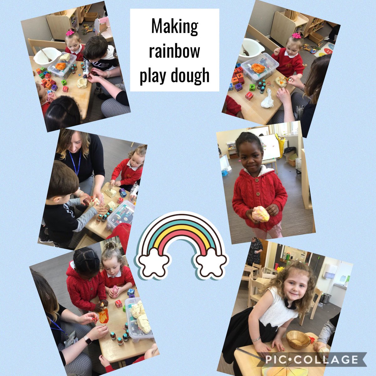 NurseryClackPs's tweet photo. Nursery learners are exploring Colours. Mrs McIntosh, talked to children about the Indian festival of Colour Holi and how they celebrate the end of winter and the beginning of spring. Outside and at the play dough area was a lot of colour mixing and rainbow making.#colourlife https://t.co/oqodpCZNQQ