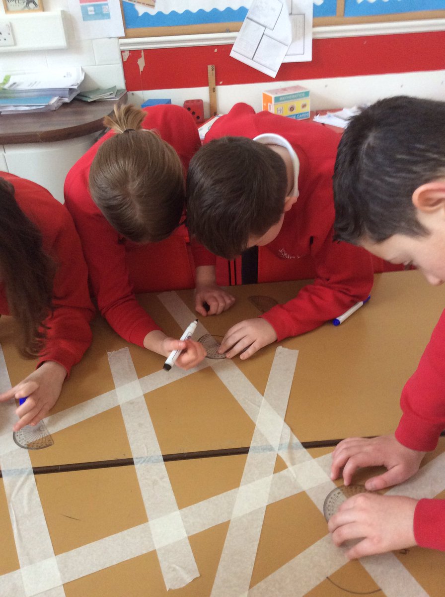 We consolidated our understanding of how to measure angles this morning using masking tape on the tables. The children worked collaboratively to aid one another and addressed one another’s misconceptions. Writing on the tables was also a bonus! #ActiveHandsActiveMinds #Angles