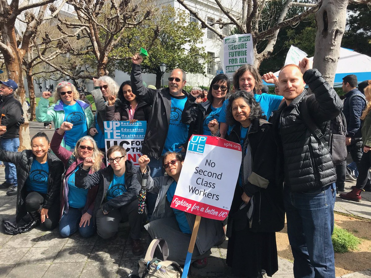 UCAFT1474's tweet photo. Berkeley lecturers and librarians joined our fellow UC workers from @UPTECWA and @AFSCMELocal3299 on the picket line today. Workers run the university. #UCfortheMany #UCWorkers #StrikeForEquality #UnionStrong https://t.co/QALsyFHg5p