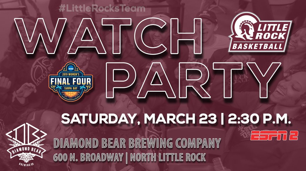 LittleRockWBB's tweet photo. Need somewhere to watch your Trojans Saturday?

Head over to Diamond Bear for the official NCAA watch party Saturday and cheer on @CoachFoleyLR and the team as they take on Gonzaga in Oregon.

#LittleRocksTeam https://t.co/FfcDIAgEEU
