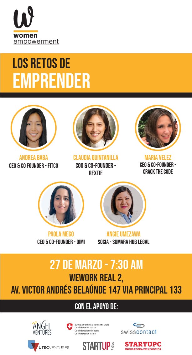 AngVenturesPeru's tweet photo. ⚠️¡Emprendedora!⚠️
Participa de #WomenEmpowerment "Los Retos de Emprender". Conversa con Andrea Baba de #Fitco, Claudia Quintanilla de @rextieperu, María de Velez de @crackthecode_pe, Paola Mego de #Qimi y Angie Umezawa de #Sumara
🚨¡Registrate aquí! ➡️ https://t.co/V5ztdlx4kv https://t.co/Q2HGqnXD1O