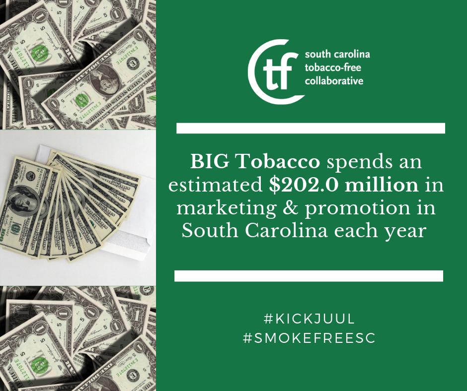 SmokefreeSC's tweet photo. Per @TobaccoFreeKids , Big Tobacco spends roughly $202 million a year on marketing to South Carolina and its people. Click the link for more about the toll tobacco takes on our state. https://t.co/2gpp2EwOzg #KickButtsDay #KickJuul https://t.co/yz3oNEbOCN