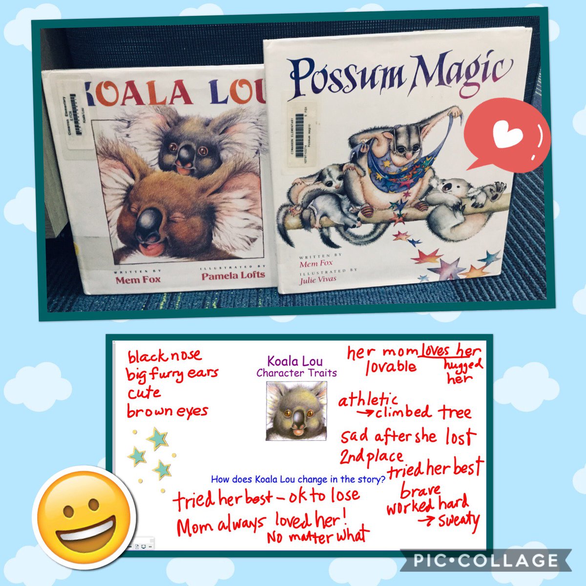 Love using Mem Fox’s books to talk about character traits. 1st #cecheetahs did a terrific job with Koala Lou! G’Day Mate! ⁦<a href="/CimarronElem/">Cimarron Cheetahs</a>⁩ @MrsJoySweeney