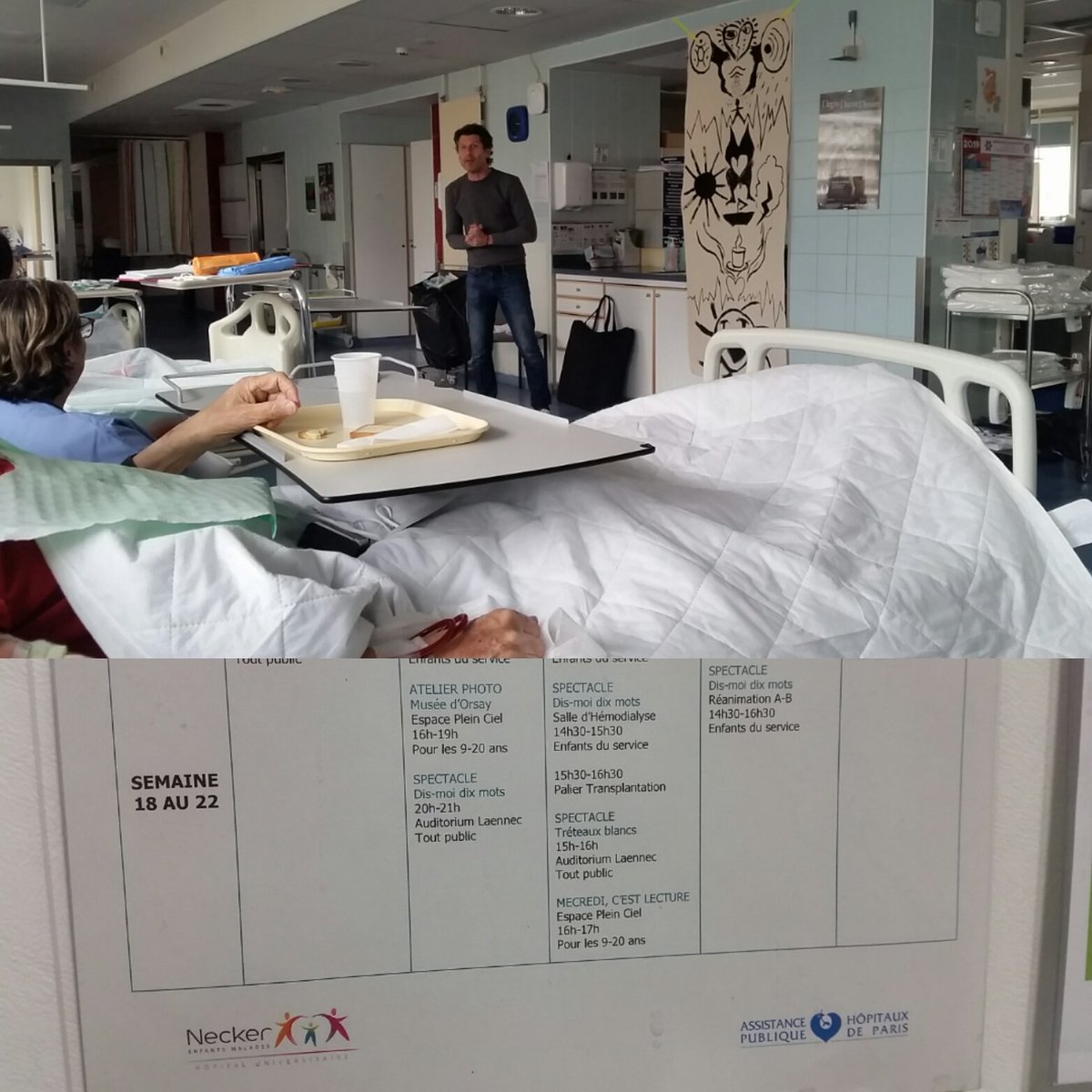 yannicklaurent's tweet photo. La semaine de la langue française à @hopital_necker ce n'est pas que pour les enfants ! Aujourd'hui superbes spectacles et échanges en salles d'hémodialyse et de réanimation #SLFF19 #Rébus #Logogramme @languesFR @ArtsetSante https://t.co/LRrhJ4LIFG