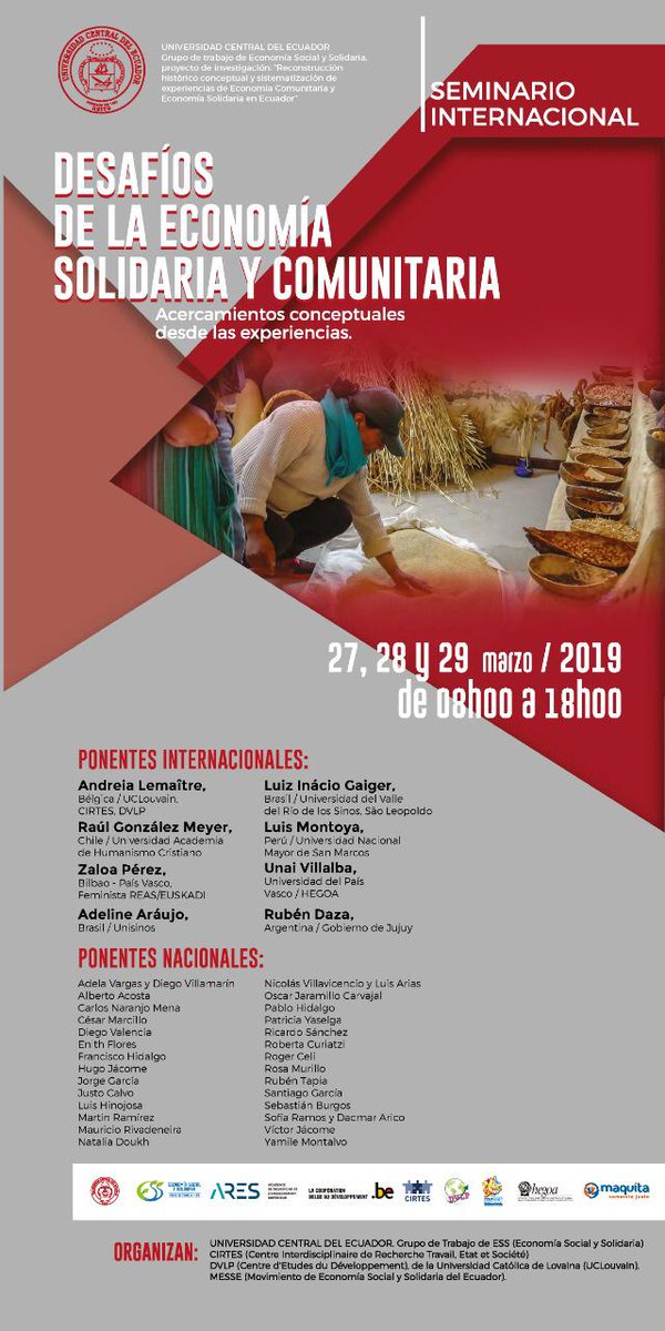 Fund_Maquita's tweet photo. El Grupo de Investigación de Economía Social y Solidaria de la Universidad Central junto a @maquita_CJusto y otras organizaciones  invita al Seminario “Desafíos de la economía solidaria y comunitaria”, en Quito del 27 al 29 de marzo. Inscripciones en: https://t.co/fpoysE5Clf https://t.co/8Wj0wzSXGm
