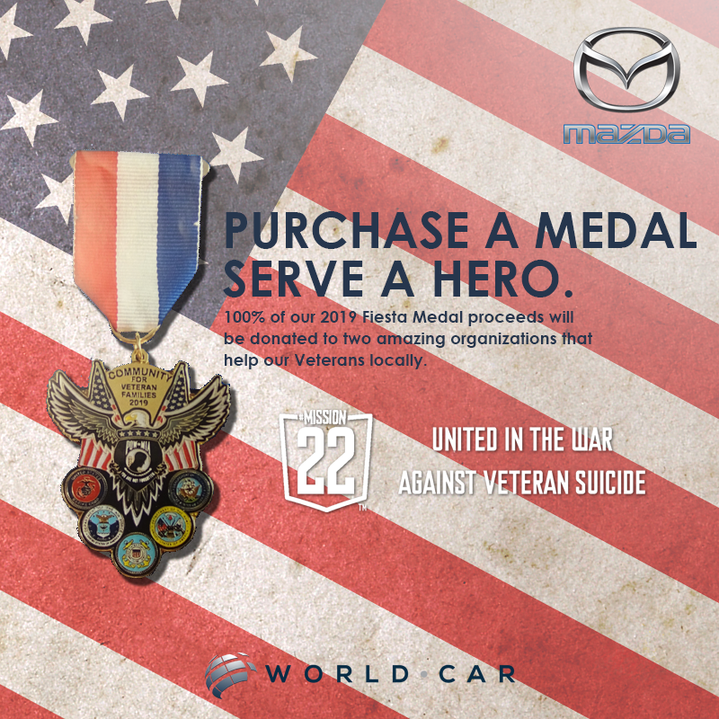 WorldCarMazdaTX's tweet photo. Purchase a Medal Serve a Hero.

100% of these 2019 Fiesta Medal proceeds will be donated to amazing organizations that help our Veterans locally. 

#UnitedInTheWarAgainstVeteranSuicide

Visit https://t.co/WARTjMF5yA or Call: (830) 888-9823 to get yours! https://t.co/SrYMq2sbn3
