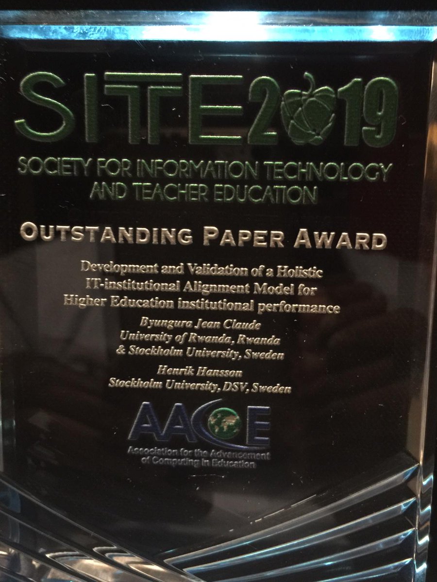 URSwedenProgram's tweet photo. Breaking news: Our own Jean Claude Byungura has scooped an Outstanding Paper Award following his paper presentation in the USA top conference on Society for Information #Technology &amp; #Teacher Education. He's a @Uni_Rwanda academic completing his PhD at @Stockholm_Uni in #Sweden https://t.co/CRrkzGx4np