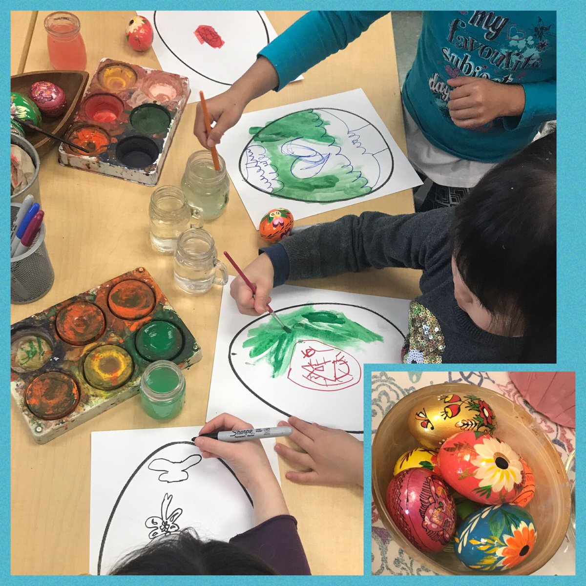 BearlyFriends's tweet photo. Today we used our Nowruz eggs as inspiration for designing our own eggs! Happy Nowruz! Happy first day of spring! #nowruz #firstdayofspring #kindergarten #sharpieandwatercolour #eggdesign https://t.co/0SQEkxKonU