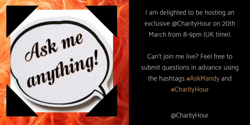 CharityHourUK's tweet image. Last 10 minutes or so to get your questions in for @MsMandyJ #AskMandy #CharityHour Doesn't have to be charity related - can ask Mandy ANYTHING!!