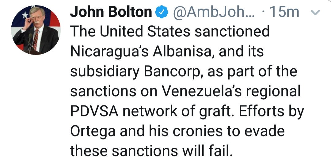 LaTrincheraNic's tweet photo. Bancorp entra en la "lista negra" de Estados Unidos.
EEUU sancionaron a #Albanisa y a su subsidiaria #Bancorp, como parte de las sanciones a la red regional de PDVSA de Venezuela. Los esfuerzos de Ortega y sus amigos para evadir estas sanciones fracasarán", escribió John Bolton. https://t.co/IjgxzCNOAy