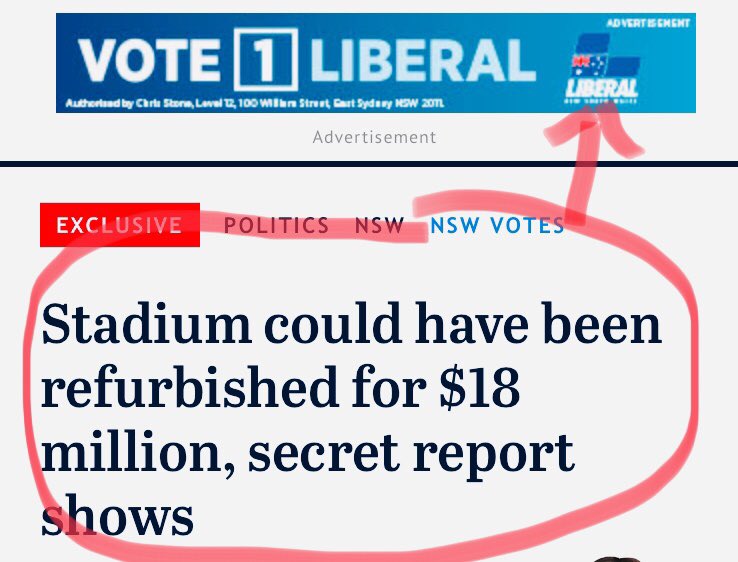unionsnsw's tweet image. Awkward ad placement by the NSW Libs in the SMH this morning #libfail 😬