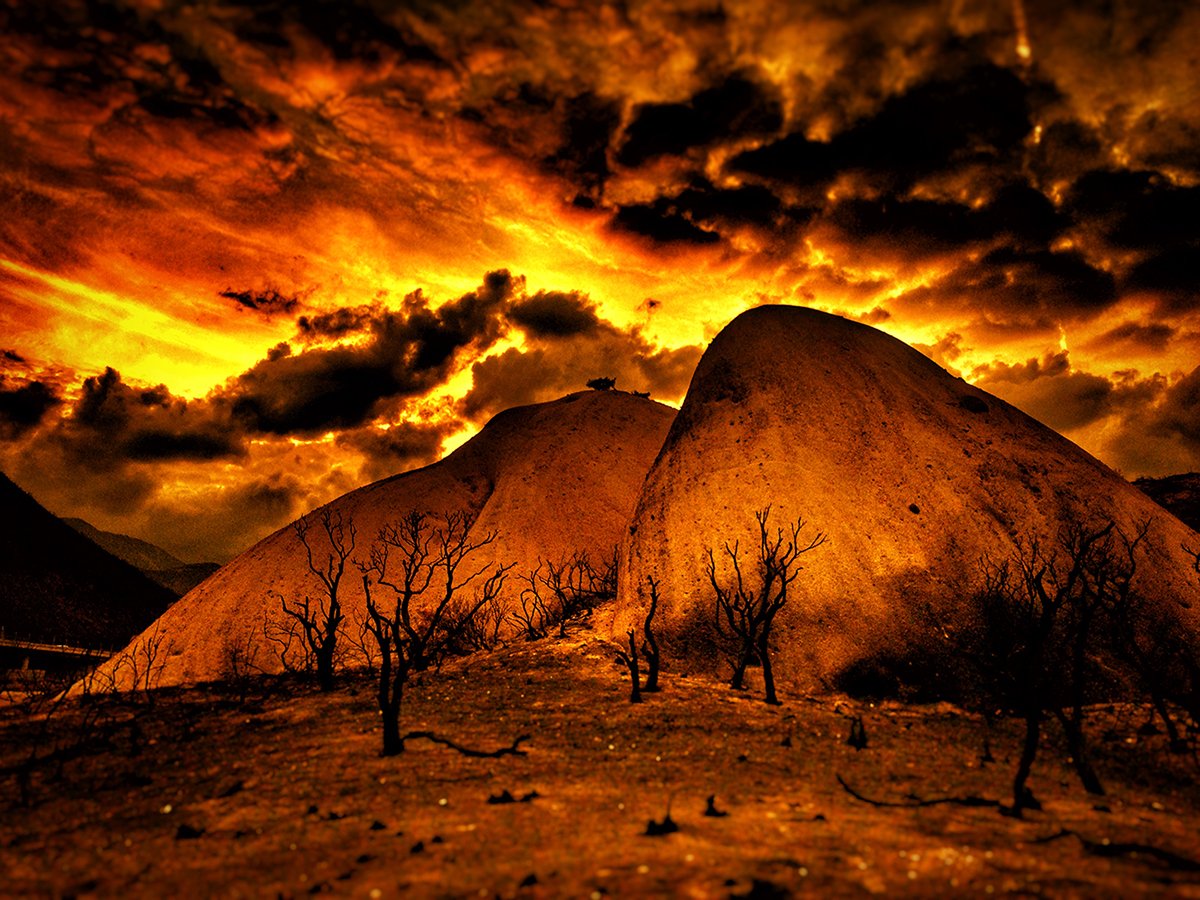 Glowing Hills, Mormon Rocks, CA #mormonrocks #hills #snapseed #sky #red #science #imageprocessing #gallery #desert #abandoned #remote #dramatic #dark #surreal #firedamage #disaster #fire #fireinthesky #heat #hot #storm