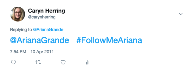 carynherring's tweet photo. When you have been tweeting @ArianaGrande since 2011 and you just realized your account has been on private the entire time... so I'm only 8 years late, but #Followmeariana? https://t.co/CNpe2pZOkR