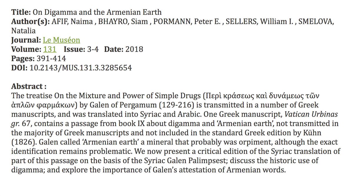 naima_afif's tweet photo. Our latest paper « On Digamma and the Armenian Earth » in the Galenic treatise On Simple Drugs is out: https://t.co/mB3U6lIt2x