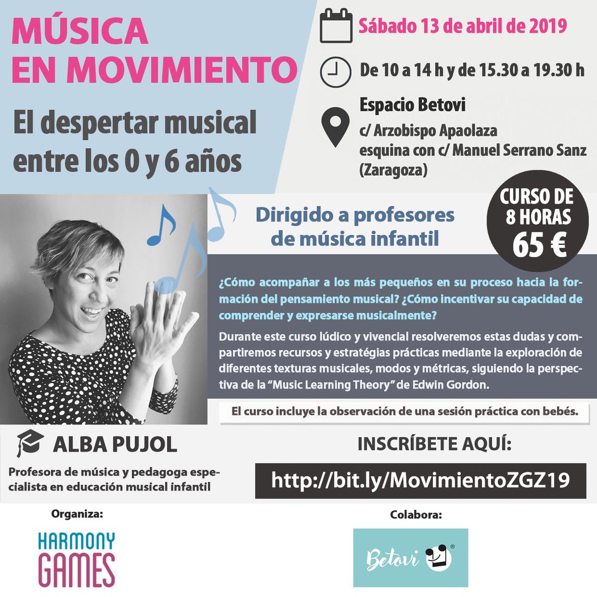 Harmony Games (@harmony_games) on Twitter photo Música en Movimiento
El despertar musical entre los 0 y 6 años.
¿Cómo acompañar a los más pequeños en su proceso hacia la formación del pensamiento musical?
Curso con <a href="/albacamins/">Alba Pujol Camins</a>
Sábado 13 de abril
Espacio #Betovi de #Zaragoza
+info e inscripciones: goo.gl/YwjvFJ Música en Movimiento
El despertar musical entre los 0 y 6 años.
¿Cómo acompañar a los más pequeños en su proceso hacia la formación del pensamiento musical?
Curso con <a href="/albacamins/">Alba Pujol Camins</a>
Sábado 13 de abril
Espacio #Betovi de #Zaragoza
+info e inscripciones: goo.gl/YwjvFJ