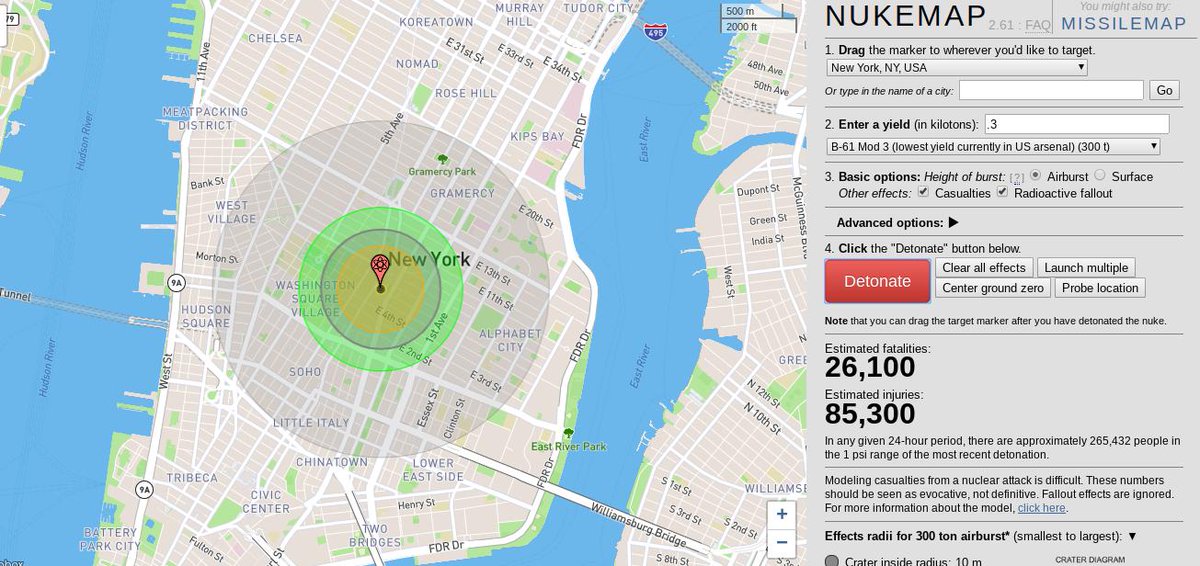 Simulated blast of a 3 kiloton warhead on lower Manhattan, with an estimated 26,100 fatalities
