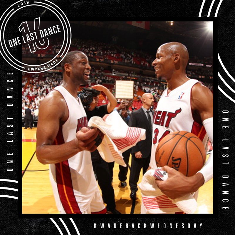 DwyaneWade's tweet photo. Tonight takes me back to 2013! I know yall remember that corner 3 by my brother Ray Allen ... #WadeBackWednesday #OneLastDance https://t.co/Yshb0uP7WC