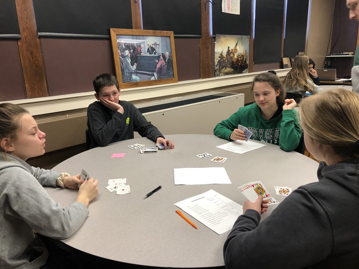 TaniaEichhorst's tweet photo. Guess what? #pinochle in school! Math, logic, communication and bargaining skills wrapped up in a the life skill class. 8th graders! #education #offTheTech https://t.co/Ba9Kj1QM32