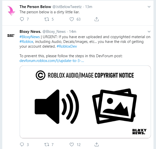 Bloxy News On Twitter Bloxynews Urgent If You Have Ever Uploaded And Copyrighted Material On Roblox Including Audio Decals Images Etc You Have The Risk Of Getting Your Account Deleted Robloxdev To - roblox audio yay