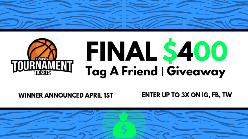 SmartFans, we are giving away $400 during #MarchMadness!

Follow the simple rules below for your chance to win.

1. FOLLOW us (@tickpick)
2. RT the post
3. TAG a friend
4. ENTER up to 10 times (must tag a friend who likes March Madness for each entry)

Goodluck!