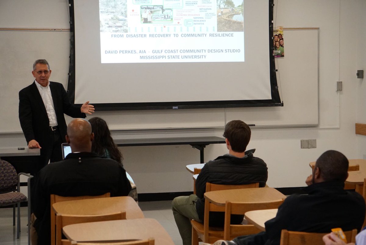 NCStateDesign's tweet photo. It was a pleasure today to have David Perkes, AIA, Professor at the College of Architecture, Art, and Design at Mississippi State University, in Professor Gavin Smith’s class today to discuss disaster recovery and resilience. #ThinkAndDo #NCStateDesignlife https://t.co/vaBtTHtV5T