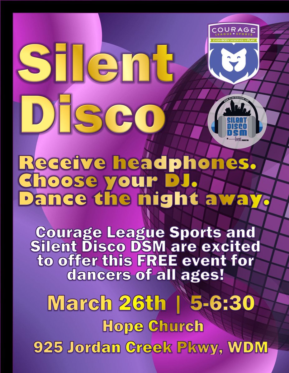 Courageleaguesp's tweet photo. We are just under a week out from our silent disco! This event is free and open to the public! Feel free to share with anyone you may know who would like this event. Kids and adults of all ages and abilities are welcome! #timetodance #everybodyseservestoplay https://t.co/YonZ82TPxw